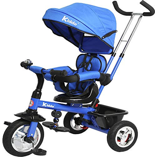 Kiddo Smart 4 in 1 Kids Children Trike Tricycle with Rotating Seat, Rear Brake and Sun Canopy (Blue)