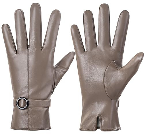 Damen Winter Lederhandschuhe Touchscreen Texting Warm Fahren Lammfell Handschuhe (Beige, S)