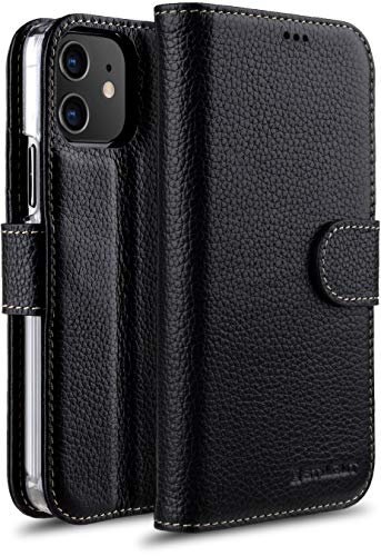 STILGUT Etui Compatible avec iPhone 12 Mini, Coque Portefeuille à clapet magnétique en Cuir véritable, Noir