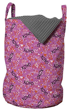 ABAKUHAUS XOXO Wäschesack, Energetische Herzen Küsse Liebe, Wäschekorb mit Griffen Kordelzugverschluss für Waschsalons, 33 cm breit x 49 cm hoch, rosa Vermilion