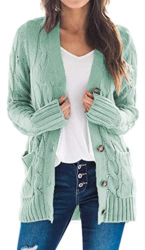 Uusollecy Gilet Long Femme Hiver Chaud De Boutonnage Décontracté Grosse Maille avec Poche Gaufré Cardigan, Turquoise, XL