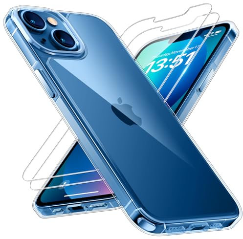 TAURI Cover per iPhone 13, [3 in 1] 1 Custodia[Senza Ingiallimento] con 2 Pellicole Vetro Temperato, [Protezione Antiurto Militare] Sottile Antishock, Anticaduta- Trasparente