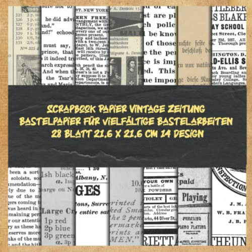 Scrapbook Papier Vintage Zeitung Bastelpapier für vielfältige Bastelarbeiten 28 Blatt 21.6 x 21.6 cm 14 design