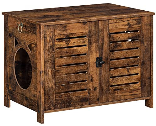 HOOBRO Katzenklo Schrank, Katzenklo aus Holz im Jalousien-Stil drinnen, Haustierbox mit 4 Eisenfüßen, Niedlicher Katzenkopfförmiger Türeinstieg, 60 x 45 x 50 cm, Vintagebraun EBF60MW01