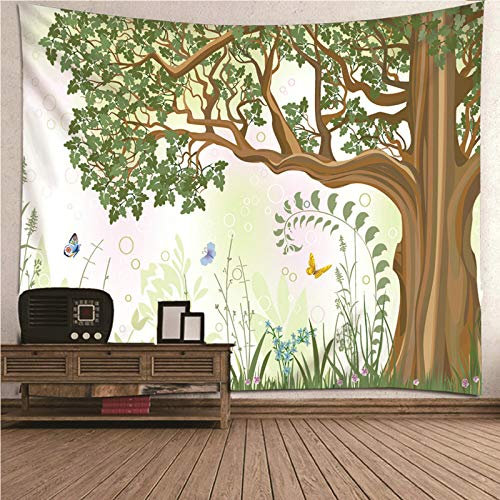 Banemi Wandteppich Muster, Große Wandteppich Grün Braun Baum und Schmetterling Polyester Wandbehänge Home Tischdecke Dekorationen für Wohnzimmer 350x256CM