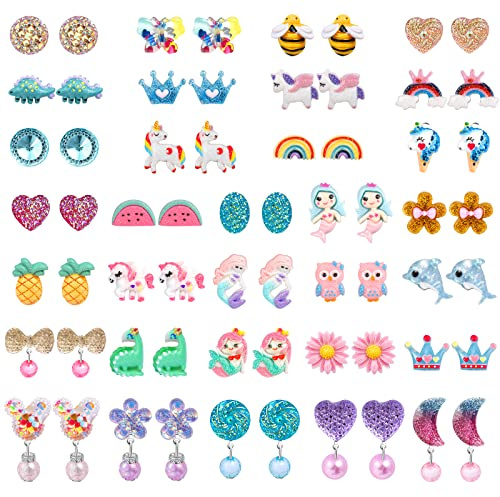 DEVIENG Clip On Ohrringe, hypoallergen, geeignet für Kinder im Alter von 4–12 Jahren, niedliche kleine Ohrclips, Schmuck-Geschenk-Set, Einheitsgröße, Harz, Kein Edelstein (Clip On Ohrringe-31 Paar)