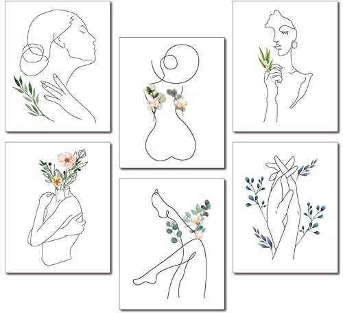 craspire Wand-Kunstdruck, Minimalistisches Line-Art-Gemälde, Set Mit 6 Papierblume, Wanddekoration, Abstraktes Einzeiliges Wandkunst-Poster Für Wohnzimmer, Schlafzimmer, Büro (10 Zoll X 8 Zoll)