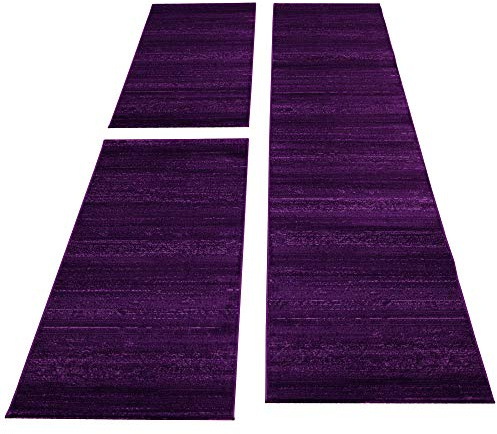 Carpettex Kurzflor Läufer Set 3 Teilig Weich & Soft Bettumrandung Schlafzimmer Flur Teppich 6 mm Florhöhe Einfarbig Lila, Farbe:Lila, Bettset:2 mal 80x150 cm + 1 mal 80x300 cm