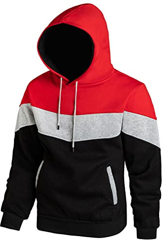 Hoodie Herren Pullover Sweatshirt Farbblock Vlies Langarm Kapuzenpullover Sweatjacke mit Tasche Rot Grau Schwarz L