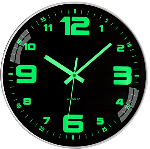 Warminn Wall Clock 12 inch Battery Operated Silent Non-Ticking Glow in The Dark Clocks Analog Small Digital Night Light Up Neon Outdoor Clocks for Living Room Bedroom Kitchen Bathroom Home Decor