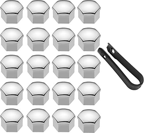 LICQIC Radschrauben Kappen, 17 mm Radmutter Abdeckung, Radbolzen Kappen mit 1 Stück Abziehhaken für Schrauben, 20 Stücke Gloss Silber