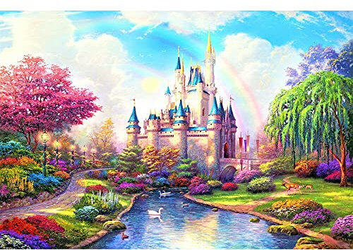Square Drill Diamond Painting Schloss 50x40 cm Mit Eckigen Steinen - 5D Diamant Gemälde Malen Nach Zahlen Stickerei - Landschaft Ländlich Mit Kirschblüten, Brücke Und Kirche