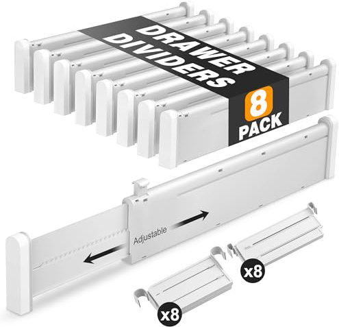 HiYZ Erweiterbare Schubladenteiler mit Einsätzen, verstellbare Schubladen-Organizer für Küche, Schlafzimmer, Kommode, Büro, 8 lange Trennwände (32,6–57,8 cm) mit 16 Einsätzen (9,9–18,9 cm), Grau