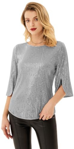 Damen Pailletten Bluse 3/4 Ärmel Loose Fit Casual Tops Elegant Oberteile S Silber Grau CL1777A22-07