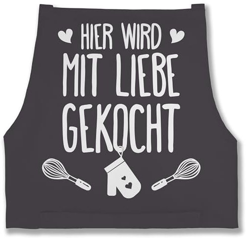 Schürze - Kochschürze - Erwachsene - Hier wird mit Liebe gekocht - 85x69 - Anthrazit - damen schürzen küche küchenschürze koch kocht kochschürzen lustige geschenke für köche