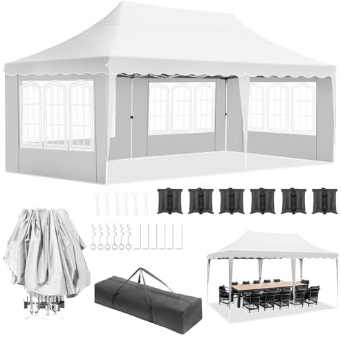 Gazebo 3x6 Pieghevole Impermeabile, altezza 290–300–310 cm, Protezione UV 50+, Tenda con 4 Pareti Laterali, 12 Ganci, 6 Corde e 6 Sacchi di Sabbia, Gazebo da Giardino per Campeggio, Matrimoni, Bianco