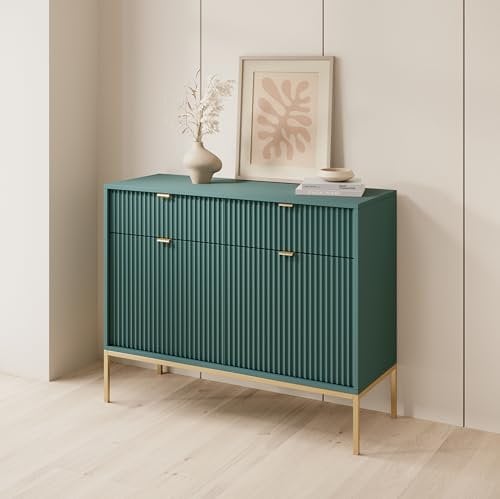 BETTSO - Nova KSZ-104 - Kommode - Kommode mit Schubladen - 83 cm hoch, 104 breit - 2 Schubladen - Geriffelt - für Wohnzimmer, Flur - 2-türig - Modern, Glamour - Grün - mit goldenen Griffen und Beinen