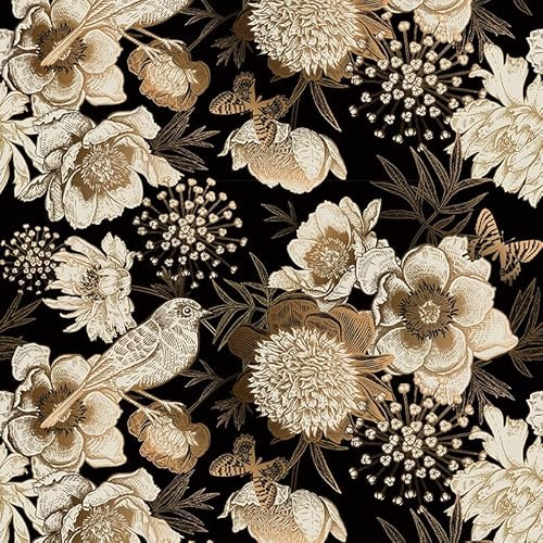 ReWallpaper 44.5cm×12m Floral Wallpaper Vintage Black and Gold Wallpaper for Bedroom Peel and Stick Wallpaper Black Jungle Wallpaper Bird Self Adhesive Vinyl Wrap for Kitchen Cupboards