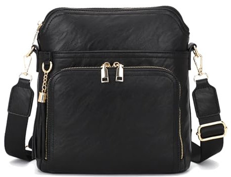 KUNKUN Handtasche Damen Umhängetasche Damen Mittelgroß Crossbody Bag Damen Breiter Gurt Schwarz Veganes Leder mit Fransen Umhängetaschen