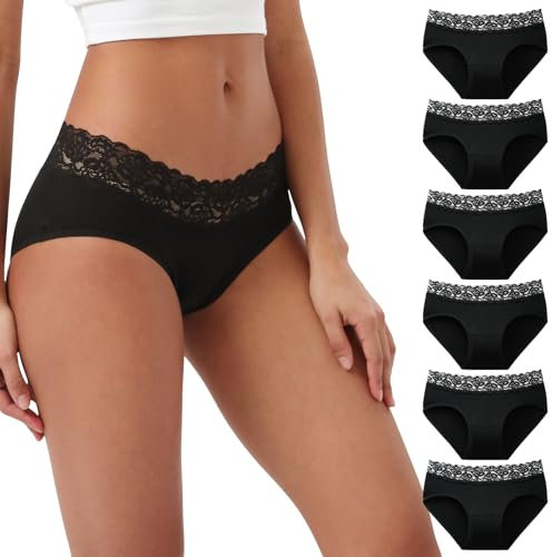 INNERSY Unterhosen Damen Spitze Schwarz Slips Baumwolle Unterwäsche Frauen Pantys 6er Pack (40, 6 Schwarz)