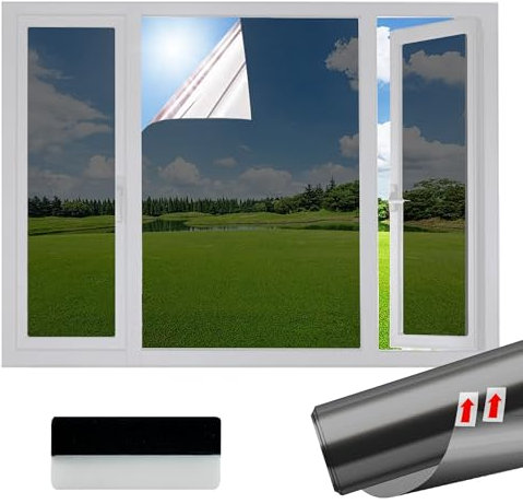 Samheito One Way Window Film Privacy 118 × 400 cm Black Silver Reflective Window Film Anti Glare Self Adhesive Mirror Window Tint Film UV Blocking Sun Blocker for Home Office Black