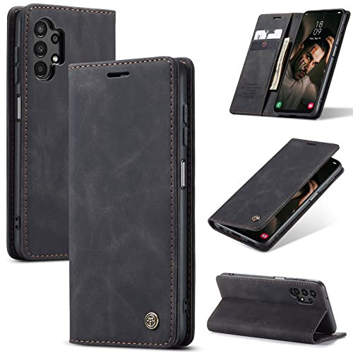 owlhold Handyhülle für Samsung Galaxy A13 4G/5G/A04s Hülle, Premium Lederhülle Weiches Vintage-Nubukleder Faltbare Ständer Klapphülle Kartenfach Standfunktion Schutzhülle für Samsung A13/A04s-Schwarz
