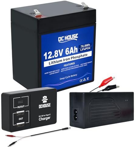 DCHOUSE 12V 6Ah LiFePO4 Batterie mit 4A Batterie Ladegeräte, DC 12V zu Typ-C & USB Batterie Adapter Konverter,BMS-Schutz für Wohnmobile, Golfwagen, Rasenmäher, Solarpanel, Camping