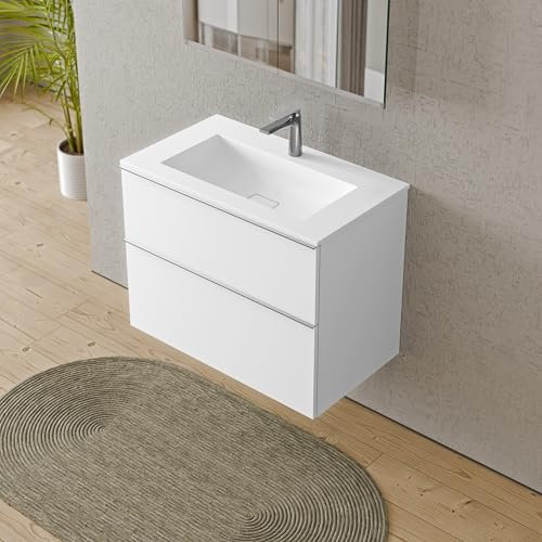 BERNSTEIN Badmöbel-Set Lavoa, Waschtisch-Unterschrank mit Waschbecken 80cm in Weiß matt - BRUXELLES - Weiß matt mit Hahnloch - 2 Schubladen, Griffe in Chrom, vormontiert, 5 Jahre Garantie