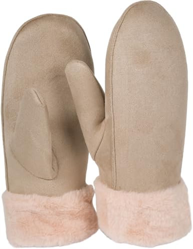 styleBREAKER Damen Winter Fäustlinge aus Veloursleder-Optik mit weichem Kunstfell-Bund - Warme Fausthandschuhe 09010048, Farbe:Beige