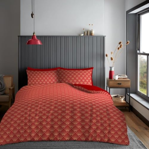 Lions Duvet Cover Set King Size Bed - 100% Polyester Reversible Printed Pattern Quilt Bedding Set with Pillowcase, Soft Geometric Pattern, Red, 230x220cm