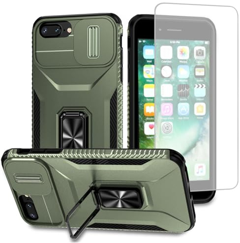 Vavies Case for iPhone 7 Plus/iPhone 8 Plus/iPhone 6 Plus/6S Plus Case with Tempered Glass Screen Protector and Slide Camera Cover, Magnetic Ring Car Holder Shockproof Cover for iPhone 8 Plus Green