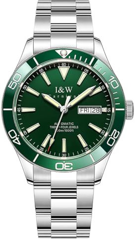 TEINTOP I&W Automatik Uhr zum Tauchen Herren 30bar wasserdichte Uhren Japanische Bewegung Armbanduhren (Silber Grün)