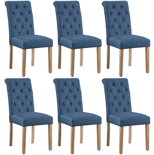 Yaheetech 6pcs Sillas de Comedor Silla de Polipiel con Pata de Madera para Salón Comedor Cocina Restaurante 45.5x62x98.5 cm Azul-Poliéster/6 Sillas