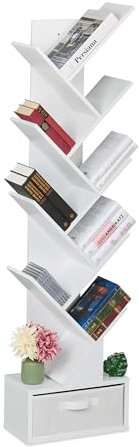 Relaxdays Bücherregal, 9 Ebenen, HxBxT: 146 x 38 x 22 cm, Baumform, Bücher, CDs, DVDs, Bücherbaum mit Schublade, weiß