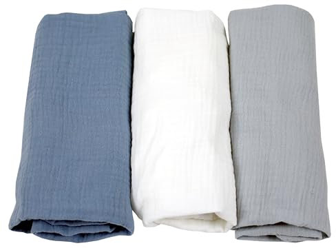 BabyLux Musselin Spannbettlaken Set – 3er Pack (40x80 cm) für Kinderwagen, Stubenwagen, Babybett & Wiege Matratzenbezug (z15 Blau-Weiß-Grau)