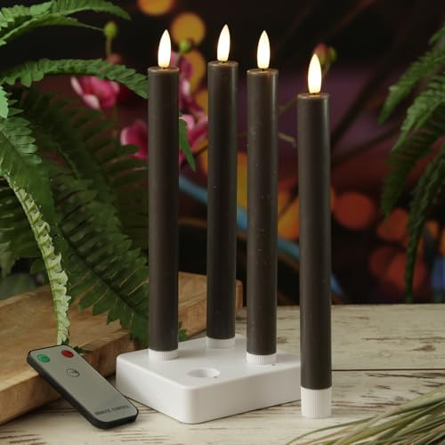 MARELIDA LED Stabkerzen Tafelkerzen mit Ladestation Fernbedienung Timer Echtwachs Dinnerkerzen Tafelkerzen wiederaufladbar 4er Set (grau)