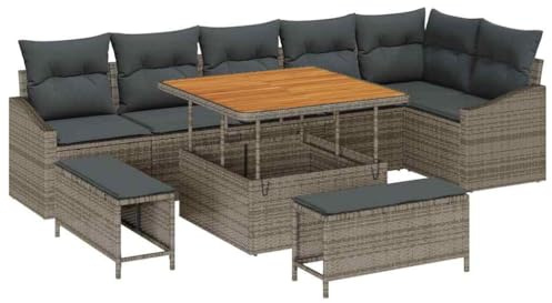 vidaXL 9-teiliges Garten-Sofa-Set mit Kissen, grau, aus Poly-Rattan. Modular, für die Terrasse, mit Kaffeetisch – perfekt zum Entspannen!
