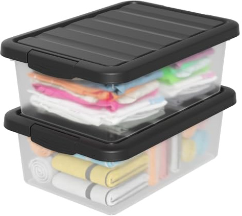 Waikhomes 16 L 2 Pack Clear Latching Storage Boxes, Plastic Stackable Storage Bin with Black Lid