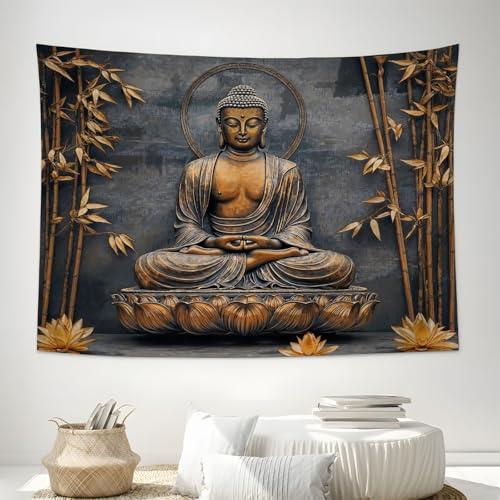 DACRWEKZ Wandteppich Bambuslotus Wandbehang Drucke von Buddha-Statuen Wandtuch Wandkunst Tapisserie für Schlafzimmer Wohnzimmer 130x150cm