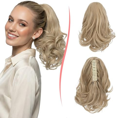 S-noilite Pferdeschwanz Verlängerung, lang, lockig, gewellt, Claw Clip in Ponytail, synthetisches Haarteil für Damen, 30 cm, 120 g,Dunkelblond gemischt mit Blondierung