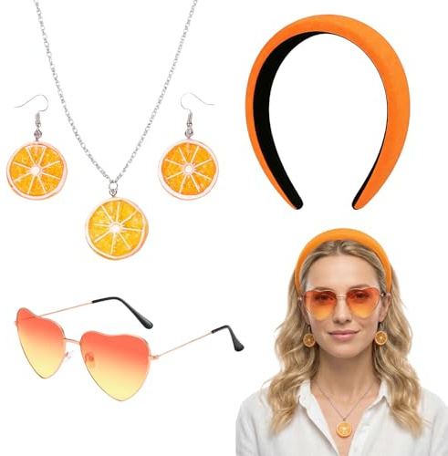Aperol Kostüm Damen Set 5 Stück Aperol Spritz KostümZubehör für Karneval & Fasching Herz-Sonnenbrille Ohrringe Halskette Haarreif Obst Orange Kostüm Faschingskostüm für Karneval Mottoparty Cosplay
