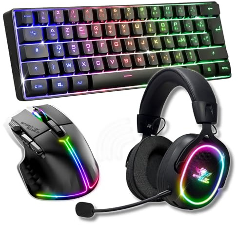 Spirit Of Gamer, Pack Clavier Souris + Casque sans Fil RGB, Clavier TKL Layout Compact 60%, Touches Silencieuses Azerty, Souris 8000 DPI 8 Boutons Programmables, Casque Gaming avec Micro Détachable