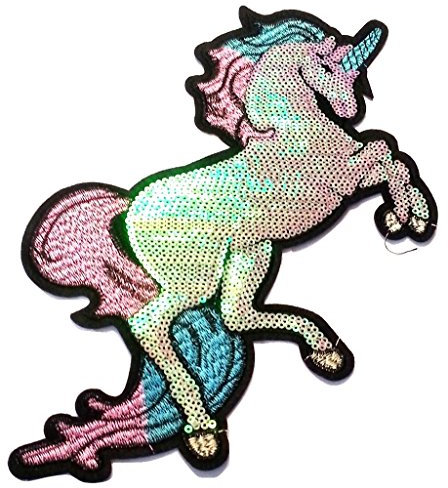 Strass Glitzer Aufnäher Aufbügler Bügelbilder Einhorn groß Kinder Iron on Patches Applikation mit Pailletten für Frauen Kinder Kleider zum aufnähen Gltzer Einhorn 28 x 16 cm gross
