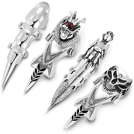 PiercingJ 4pcs Men's Halloween Props Armor Knuckle Flexible Full Finger Ring Punk Rock Gothic Skull Cosplay Jewelry
