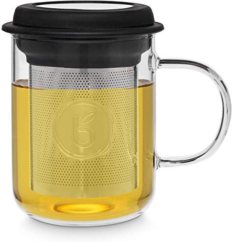 Buntfink „TeaMug“ Teeglas mit Edelstahl-Sieb und Deckel, die Teetasse besteht aus hitzebeständigen Borosilikat-Glas, der Filter kann aus der Tasse entfernt Werden (Tee) 400ml – (Schwarz)