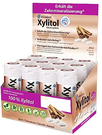 miradent Xylitol Zahnpflegekaugummi Zimt Display 12 St. | würziger Geschmack | zuckerfrei | vegan | kariespräventiv | für unterwegs