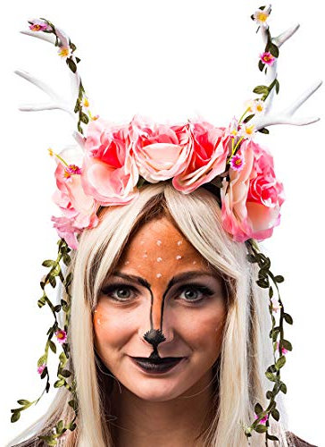 NET TOYS Phantasievoller Geweih-Haarreif Rentier mit Blumen | Weißes Geweih | Bezaubernder Damen-Kopfschmuck Hirsch | Perfekt geeignet für Karneval & Weihnachtsfeier
