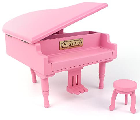 Sinzyo hölzerne klavierförmige Spieluhr mit kleinem Hocker, Weihnachten Valentinstag kreatives Geburtstagsgeschenk(Piano Farbe Rosa)