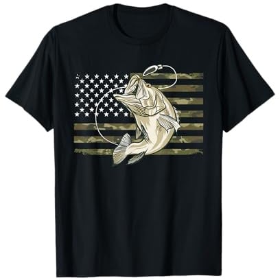 Fishing Camouflage US American Flag Bass Fish Fisherman Camo T-Shirt