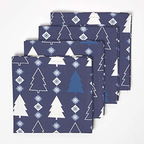 HOMESCAPES 4er-Set Weihnachtsservietten Winterland, Blaue Stoffservietten 45x45 cm mit Weihnachts-Motiv, waschbare Tischservietten aus 100% Baumwolle